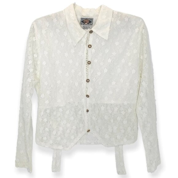 VINTAGE SYMBOL WHITE LACE BUTTON DOWN GOLD BUTTONS SEMI SHEER WOMEN SHI… - Picture 1 of 14
